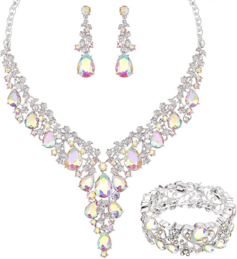 CSY Elegant Crystal Costume Jewelry Sets Flower Bridal Necklace Earrings Stretch Bangle Set for Bride Bridesmaid Wedding Dress Accessories - Image 1
